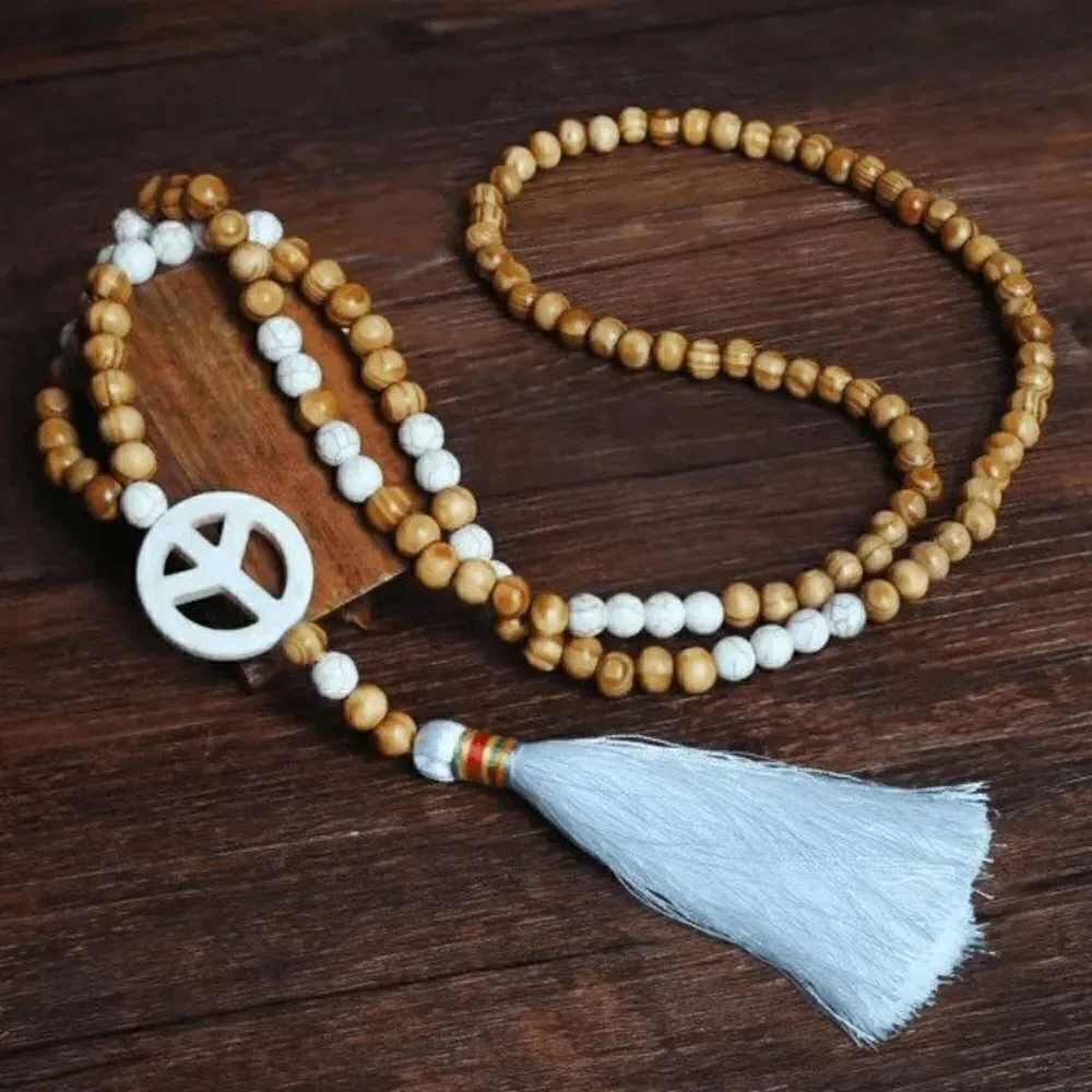 WHITE BUFFALO TURQUOISE WOOD BEADED PEACE SIGN TASSEL SWEATER NECKLACE